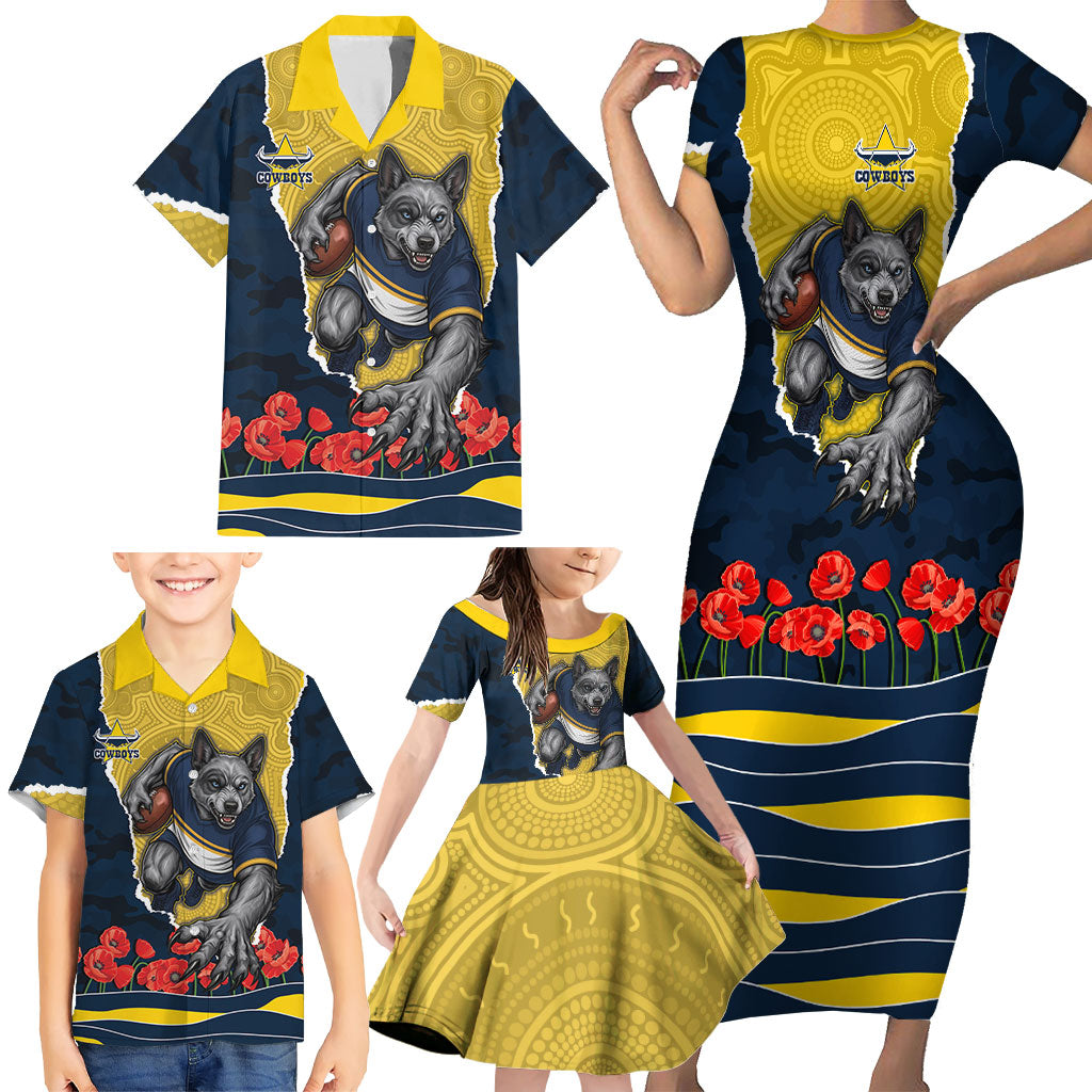 Personalized Cowboys ANZAC Tribute Family Matching Short Sleeve Bodycon Dress and Hawaiian Shirt Poppy Field Soldier Silhouette Aboriginal Rugby Mascot