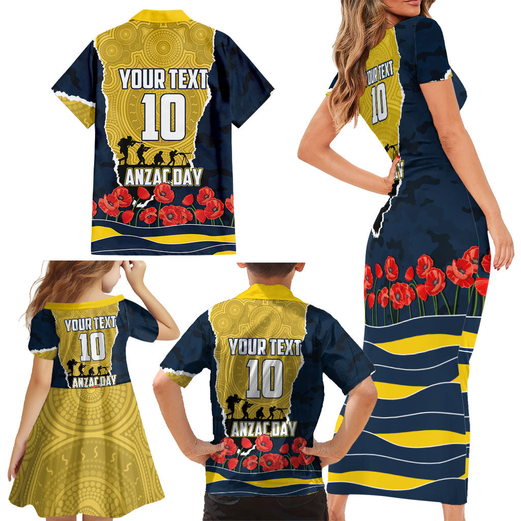 Personalized Cowboys ANZAC Tribute Family Matching Short Sleeve Bodycon Dress and Hawaiian Shirt Poppy Field Soldier Silhouette Aboriginal Rugby Mascot