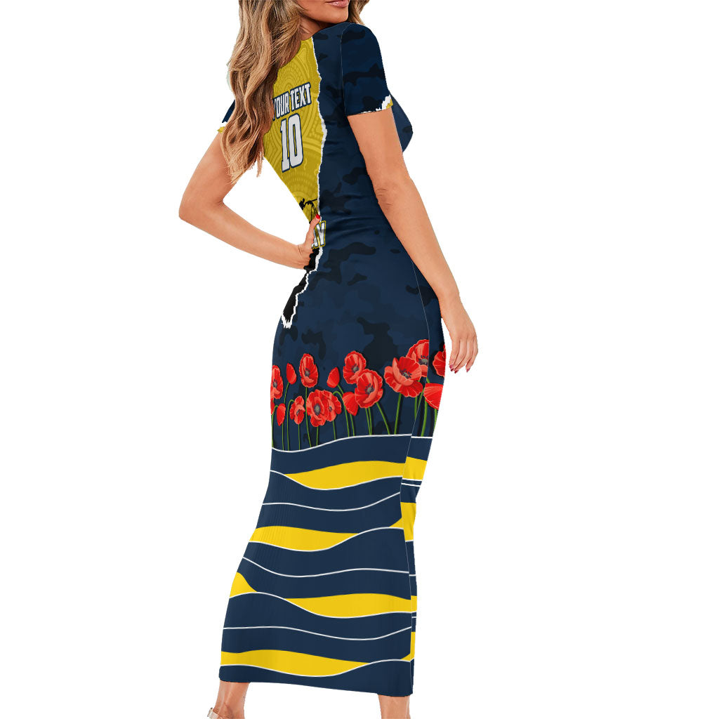Personalized Cowboys ANZAC Tribute Family Matching Short Sleeve Bodycon Dress and Hawaiian Shirt Poppy Field Soldier Silhouette Aboriginal Rugby Mascot
