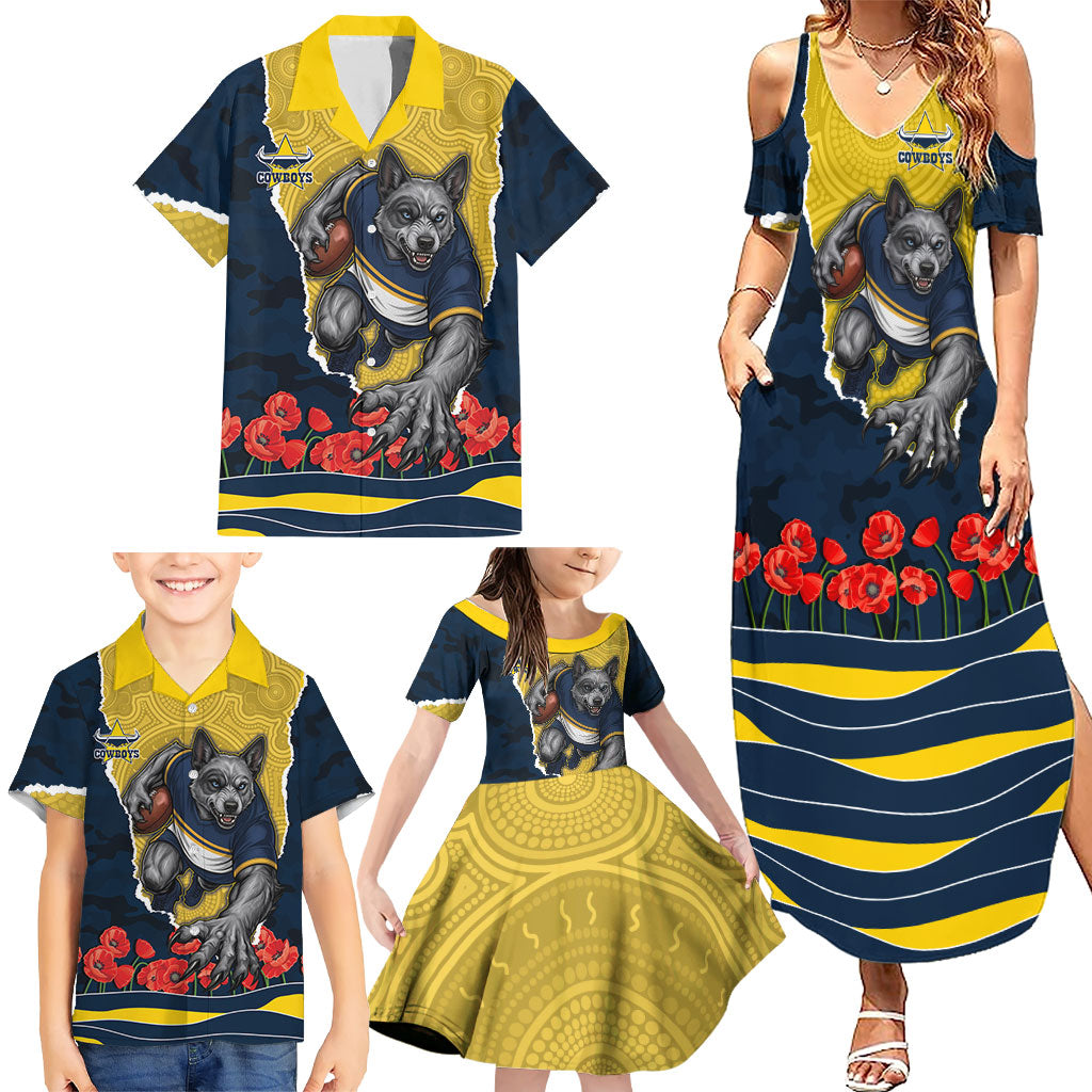 Personalized Cowboys ANZAC Tribute Family Matching Summer Maxi Dress and Hawaiian Shirt Poppy Field Soldier Silhouette Aboriginal Rugby Mascot