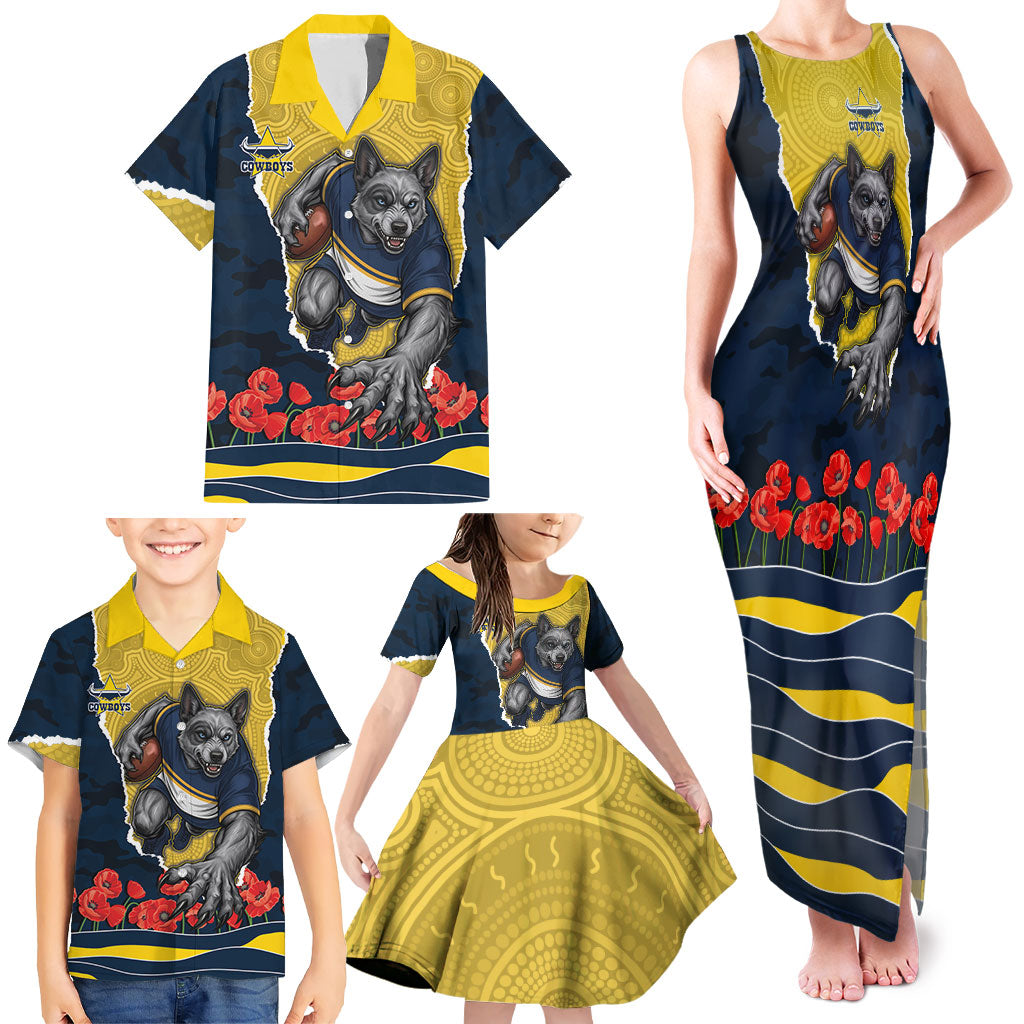 Personalized Cowboys ANZAC Tribute Family Matching Tank Maxi Dress and Hawaiian Shirt Poppy Field Soldier Silhouette Aboriginal Rugby Mascot