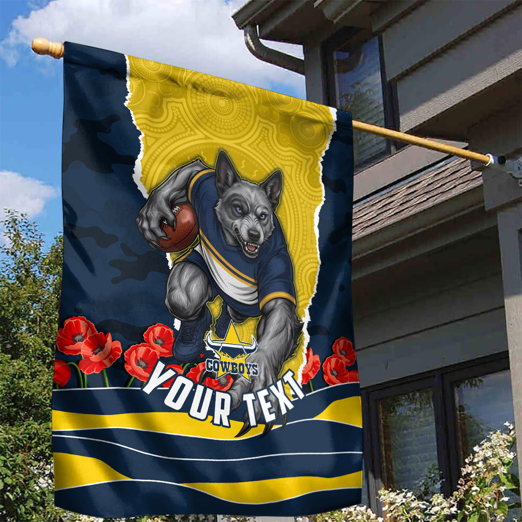 Personalized Cowboys ANZAC Tribute Garden Flag Poppy Field Soldier Silhouette Aboriginal Rugby Mascot