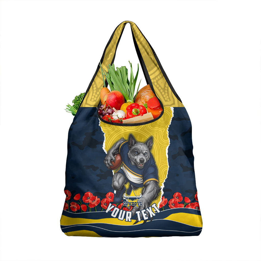 Personalized Cowboys ANZAC Tribute Grocery Bag Poppy Field Soldier Silhouette Aboriginal Rugby Mascot