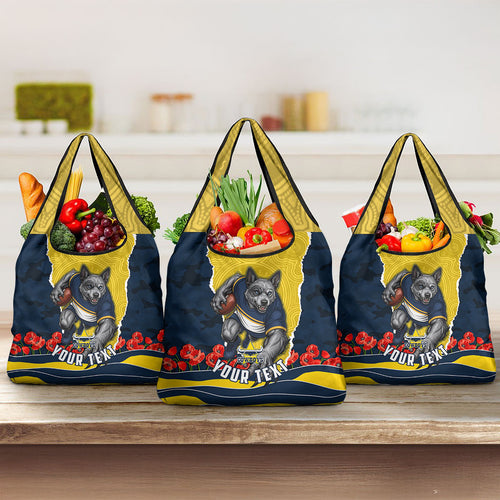 Personalized Cowboys ANZAC Tribute Grocery Bag Poppy Field Soldier Silhouette Aboriginal Rugby Mascot