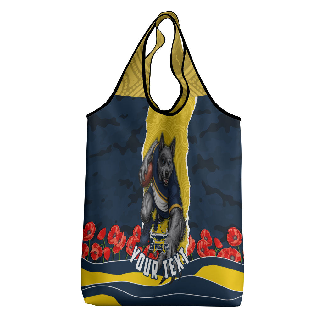 Personalized Cowboys ANZAC Tribute Grocery Bag Poppy Field Soldier Silhouette Aboriginal Rugby Mascot