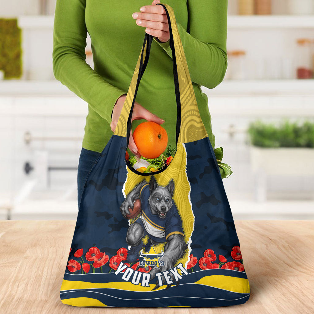 Personalized Cowboys ANZAC Tribute Grocery Bag Poppy Field Soldier Silhouette Aboriginal Rugby Mascot
