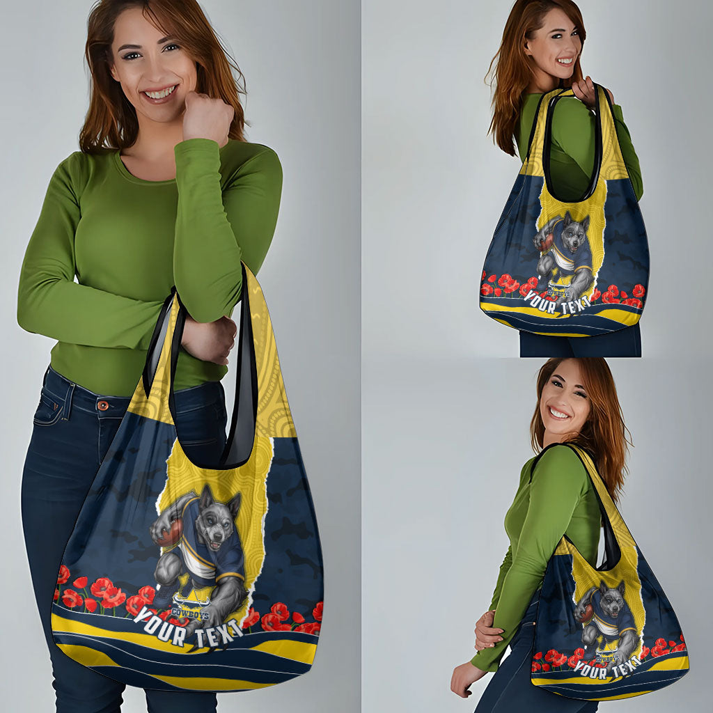 Personalized Cowboys ANZAC Tribute Grocery Bag Poppy Field Soldier Silhouette Aboriginal Rugby Mascot