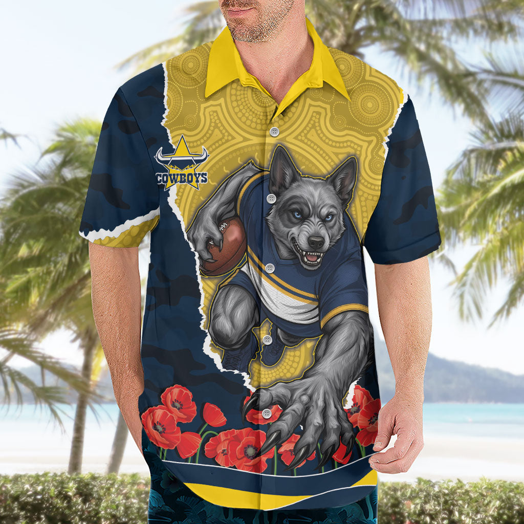 Personalized Cowboys ANZAC Tribute Hawaiian Shirt Poppy Field Soldier Silhouette Aboriginal Rugby Mascot
