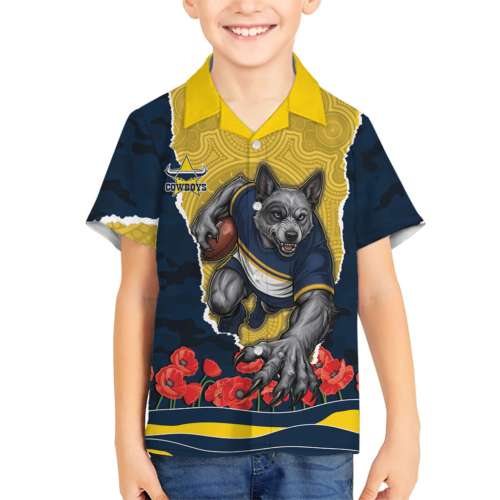 Personalized Cowboys ANZAC Tribute Hawaiian Shirt Poppy Field Soldier Silhouette Aboriginal Rugby Mascot