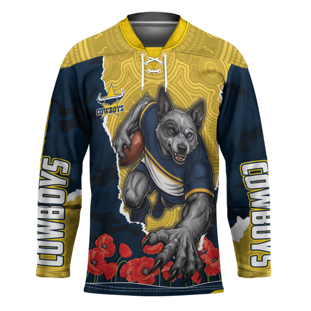 Personalized Cowboys ANZAC Tribute Hockey Jersey Poppy Field Soldier Silhouette Aboriginal Rugby Mascot