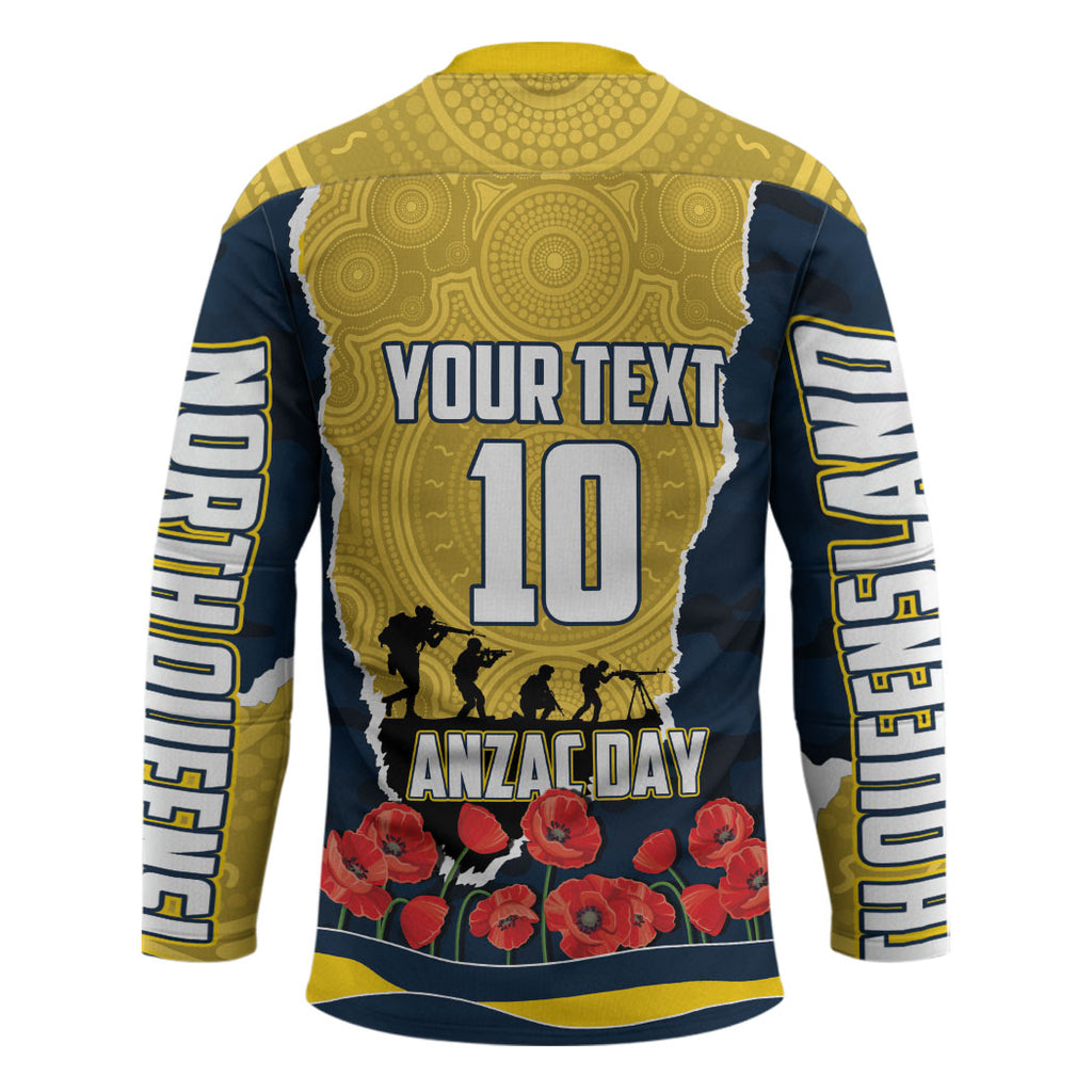 Personalized Cowboys ANZAC Tribute Hockey Jersey Poppy Field Soldier Silhouette Aboriginal Rugby Mascot