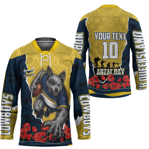 Personalized Cowboys ANZAC Tribute Hockey Jersey Poppy Field Soldier Silhouette Aboriginal Rugby Mascot