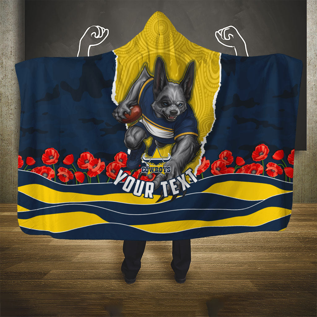 Personalized Cowboys ANZAC Tribute Hooded Blanket Poppy Field Soldier Silhouette Aboriginal Rugby Mascot