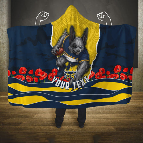 Personalized Cowboys ANZAC Tribute Hooded Blanket Poppy Field Soldier Silhouette Aboriginal Rugby Mascot