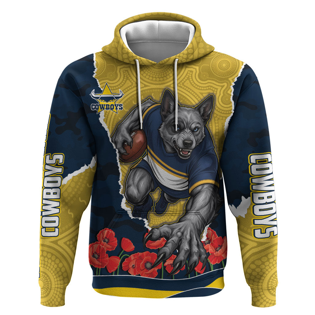 Personalized Cowboys ANZAC Tribute Hoodie Poppy Field Soldier Silhouette Aboriginal Rugby Mascot
