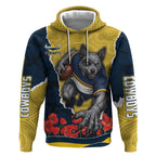Personalized Cowboys ANZAC Tribute Hoodie Poppy Field Soldier Silhouette Aboriginal Rugby Mascot