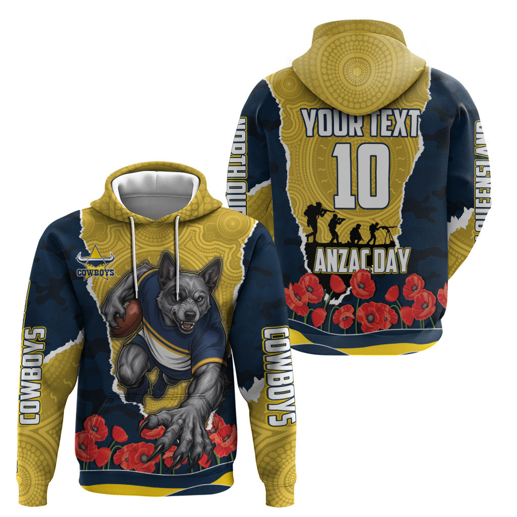 Personalized Cowboys ANZAC Tribute Hoodie Poppy Field Soldier Silhouette Aboriginal Rugby Mascot