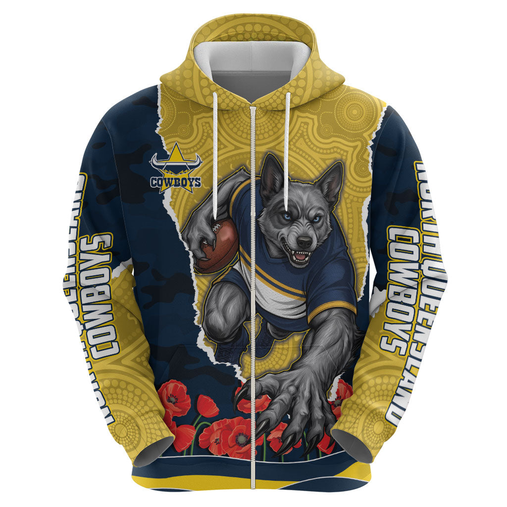 Personalized Cowboys ANZAC Tribute Hoodie Poppy Field Soldier Silhouette Aboriginal Rugby Mascot