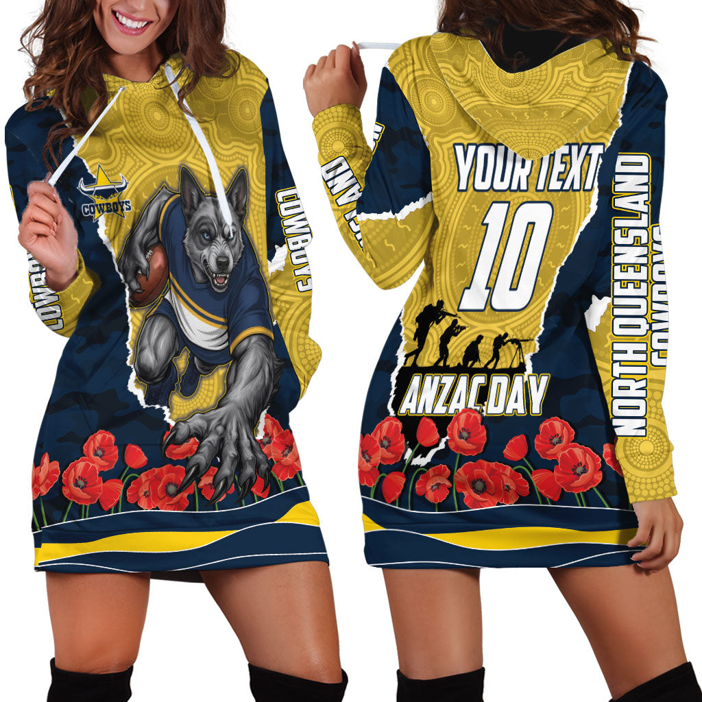 Personalized Cowboys ANZAC Tribute Hoodie Dress Poppy Field Soldier Silhouette Aboriginal Rugby Mascot