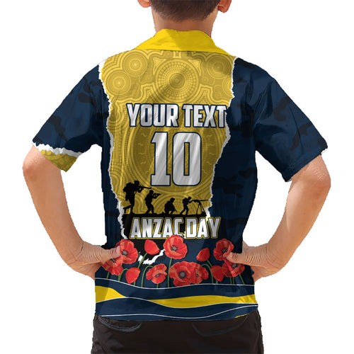 Personalized Cowboys ANZAC Tribute Kid Hawaiian Shirt Poppy Field Soldier Silhouette Aboriginal Rugby Mascot