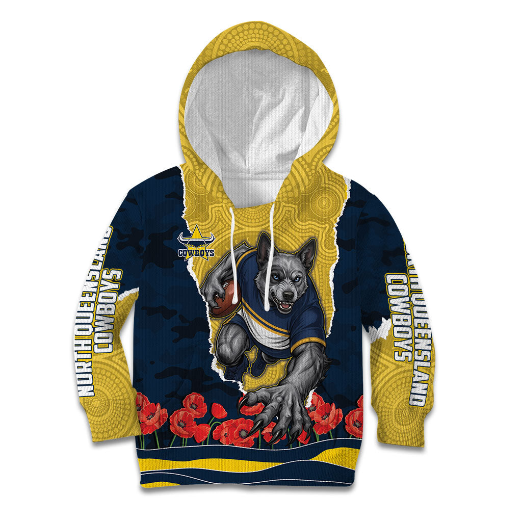 Personalized Cowboys ANZAC Tribute Kid Hoodie Poppy Field Soldier Silhouette Aboriginal Rugby Mascot