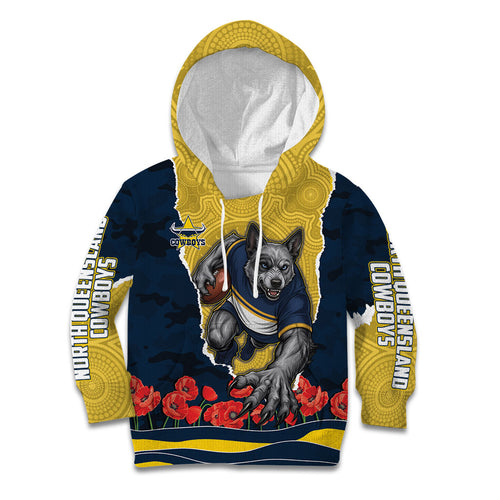Personalized Cowboys ANZAC Tribute Kid Hoodie Poppy Field Soldier Silhouette Aboriginal Rugby Mascot