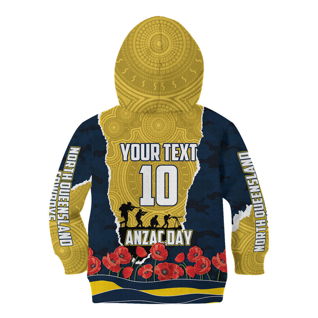 Personalized Cowboys ANZAC Tribute Kid Hoodie Poppy Field Soldier Silhouette Aboriginal Rugby Mascot