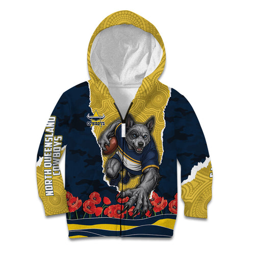 Personalized Cowboys ANZAC Tribute Kid Hoodie Poppy Field Soldier Silhouette Aboriginal Rugby Mascot