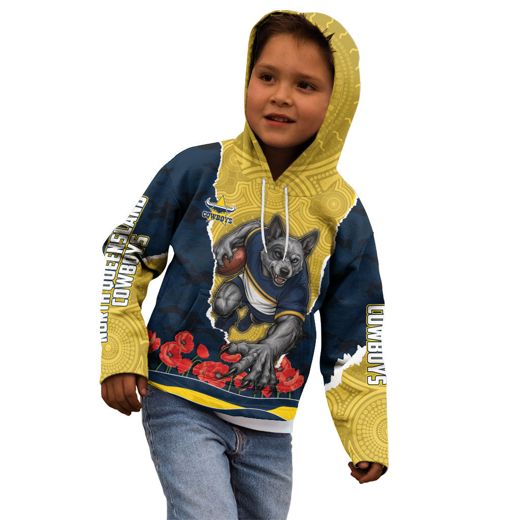 Personalized Cowboys ANZAC Tribute Kid Hoodie Poppy Field Soldier Silhouette Aboriginal Rugby Mascot