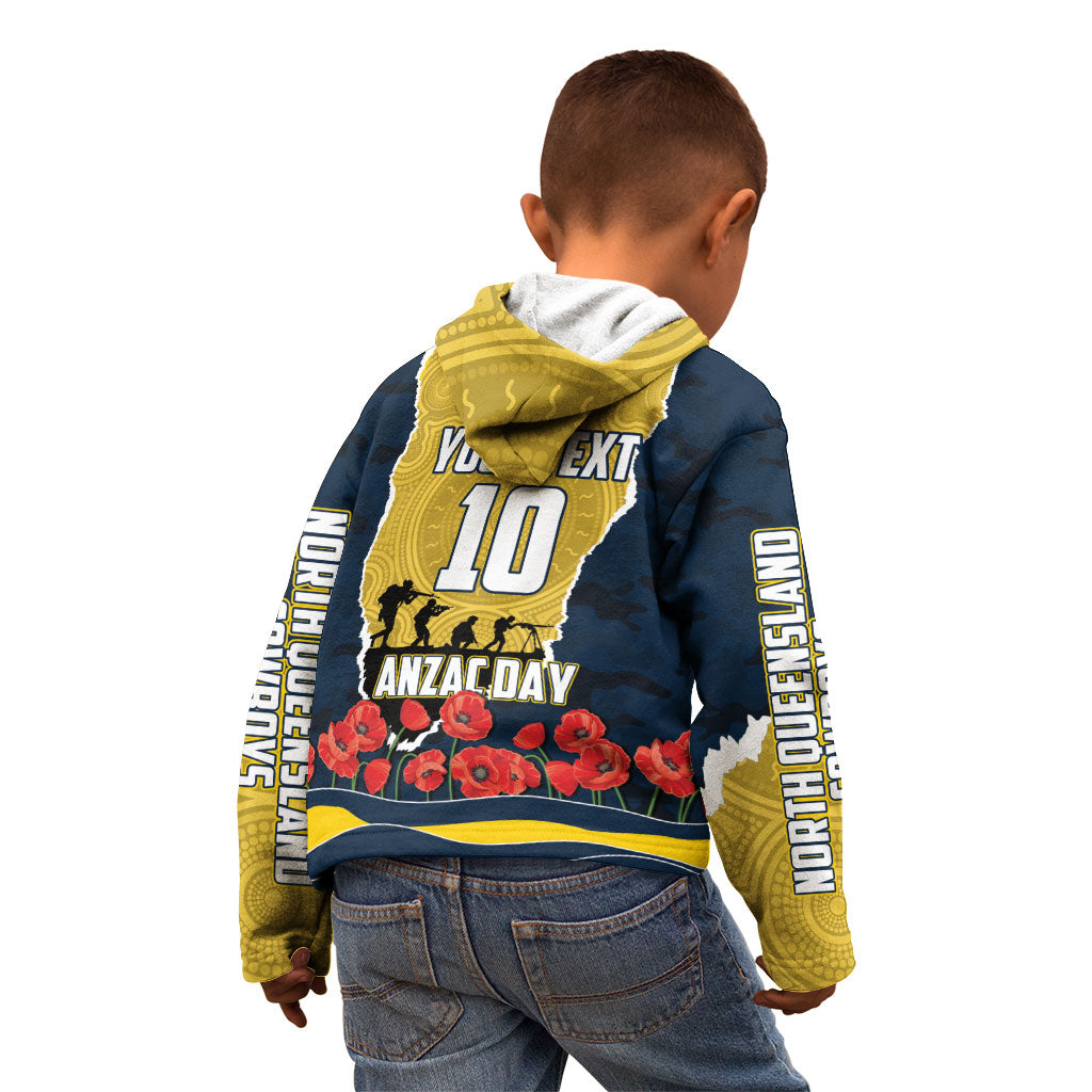 Personalized Cowboys ANZAC Tribute Kid Hoodie Poppy Field Soldier Silhouette Aboriginal Rugby Mascot