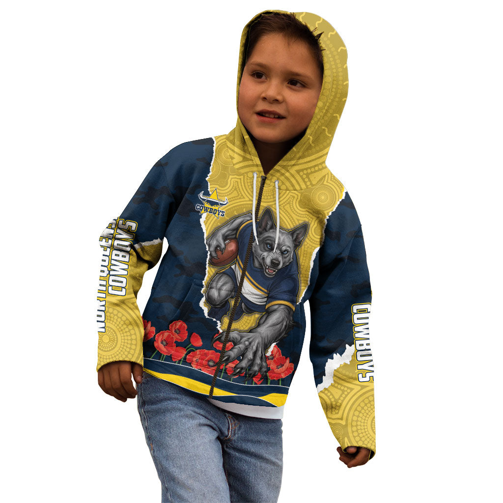 Personalized Cowboys ANZAC Tribute Kid Hoodie Poppy Field Soldier Silhouette Aboriginal Rugby Mascot