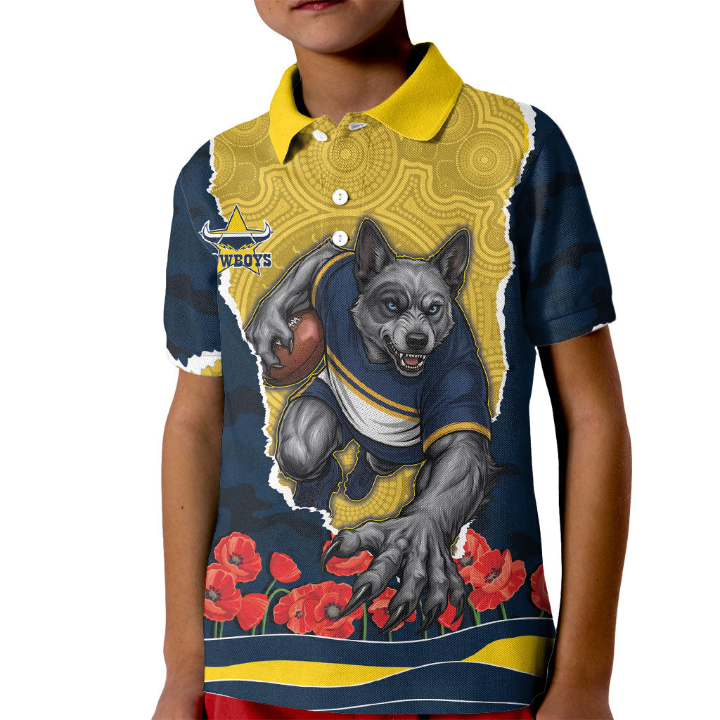 Personalized Cowboys ANZAC Tribute Kid Polo Shirt Poppy Field Soldier Silhouette Aboriginal Rugby Mascot