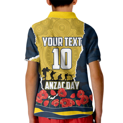 Personalized Cowboys ANZAC Tribute Kid Polo Shirt Poppy Field Soldier Silhouette Aboriginal Rugby Mascot