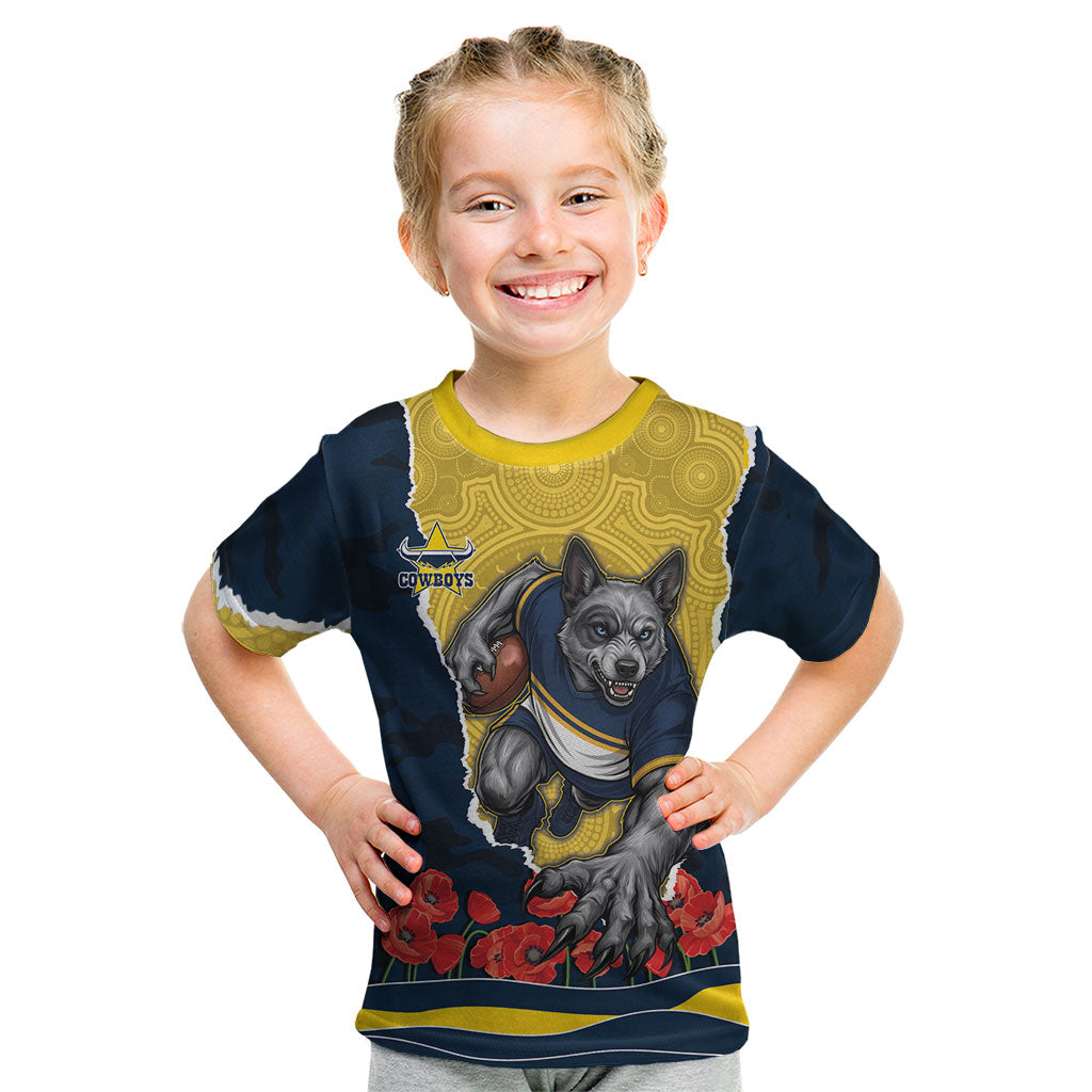 Personalized Cowboys ANZAC Tribute Kid T Shirt Poppy Field Soldier Silhouette Aboriginal Rugby Mascot