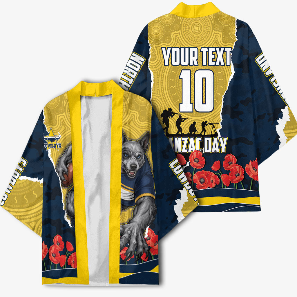 Personalized Cowboys ANZAC Tribute Kimono Poppy Field Soldier Silhouette Aboriginal Rugby Mascot
