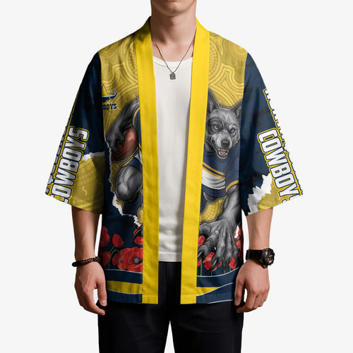 Personalized Cowboys ANZAC Tribute Kimono Poppy Field Soldier Silhouette Aboriginal Rugby Mascot