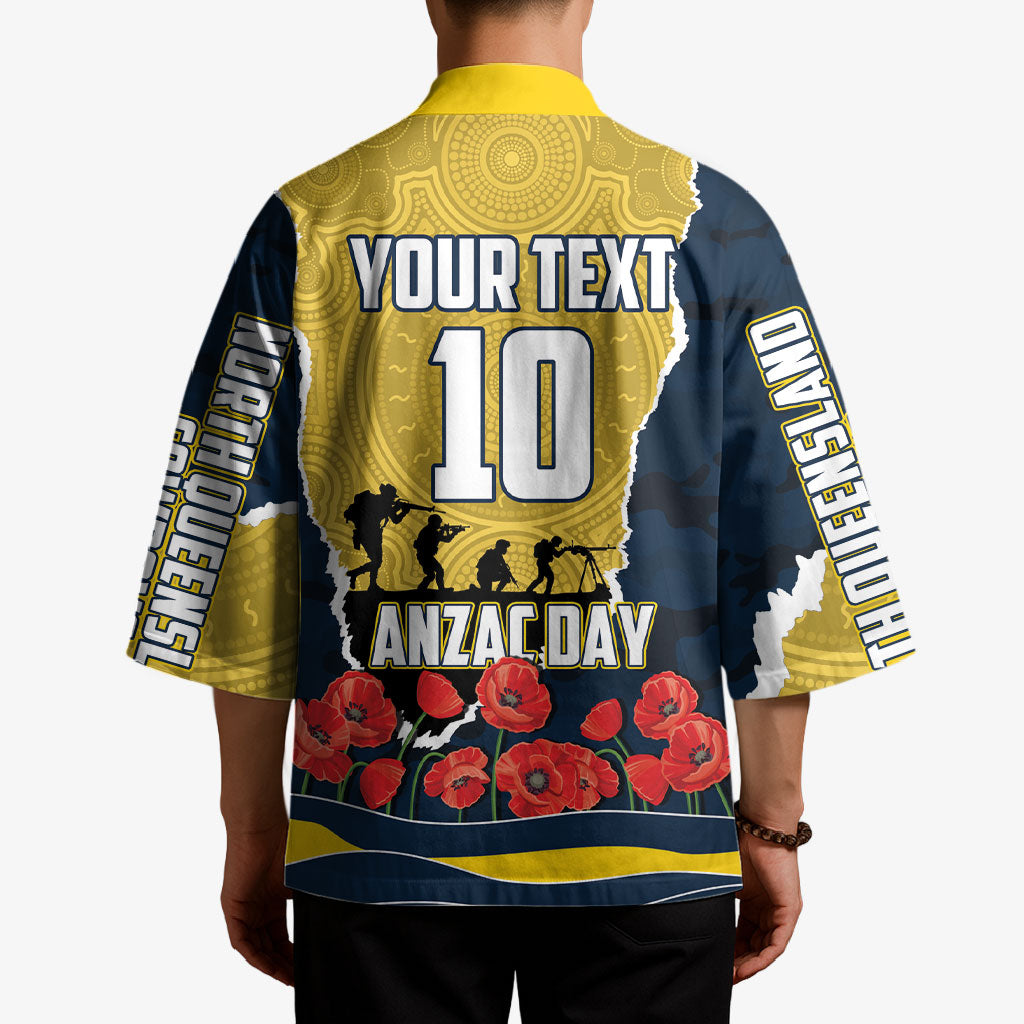 Personalized Cowboys ANZAC Tribute Kimono Poppy Field Soldier Silhouette Aboriginal Rugby Mascot