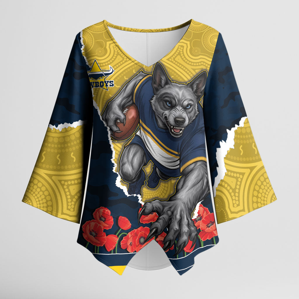 Personalized Cowboys ANZAC Tribute Kimono Sleeve Blouse Poppy Field Soldier Silhouette Aboriginal Rugby Mascot