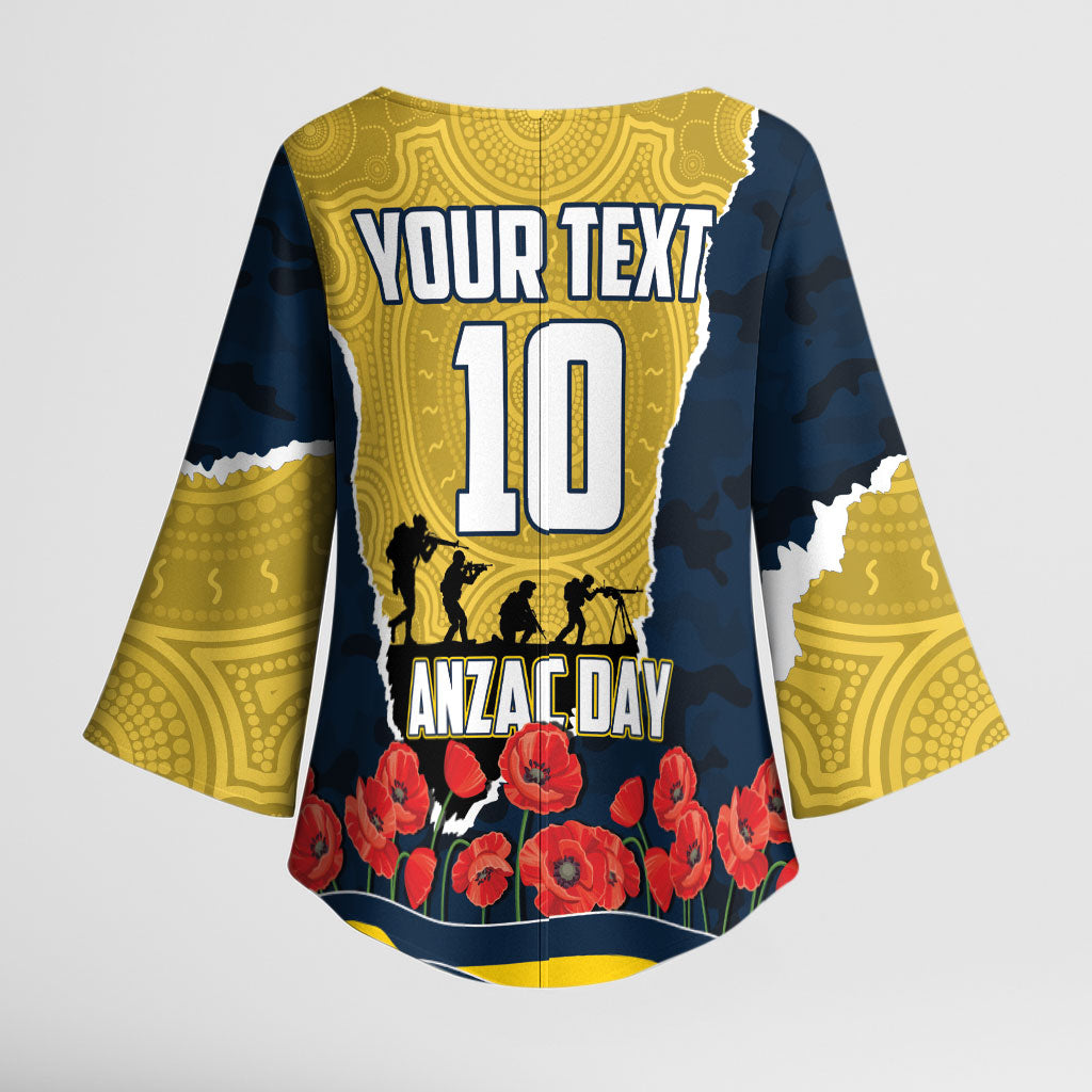 Personalized Cowboys ANZAC Tribute Kimono Sleeve Blouse Poppy Field Soldier Silhouette Aboriginal Rugby Mascot