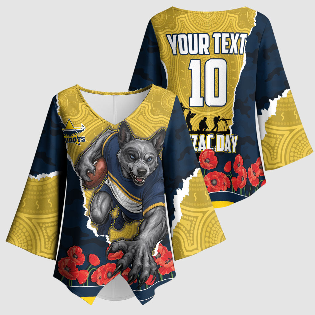 Personalized Cowboys ANZAC Tribute Kimono Sleeve Blouse Poppy Field Soldier Silhouette Aboriginal Rugby Mascot