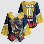 Personalized Cowboys ANZAC Tribute Kimono Sleeve Blouse Poppy Field Soldier Silhouette Aboriginal Rugby Mascot
