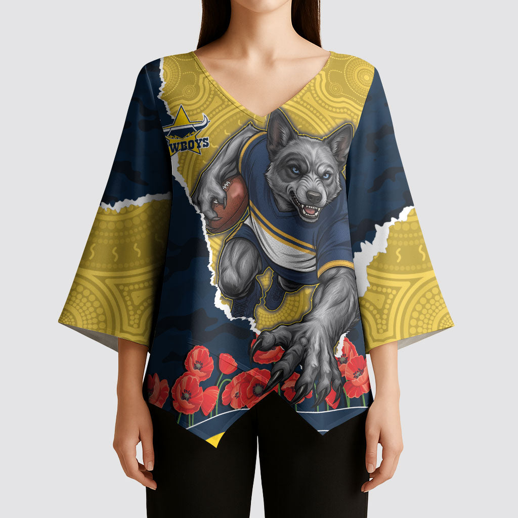 Personalized Cowboys ANZAC Tribute Kimono Sleeve Blouse Poppy Field Soldier Silhouette Aboriginal Rugby Mascot