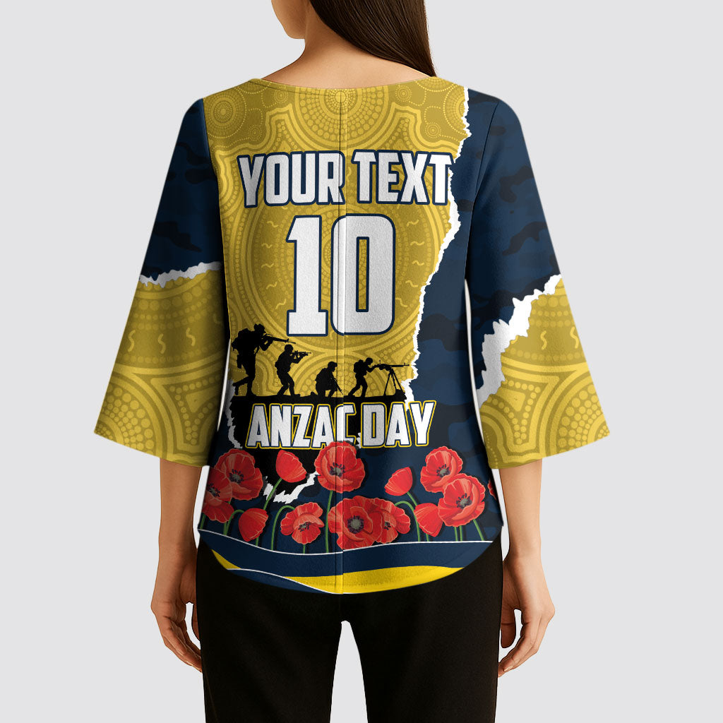 Personalized Cowboys ANZAC Tribute Kimono Sleeve Blouse Poppy Field Soldier Silhouette Aboriginal Rugby Mascot