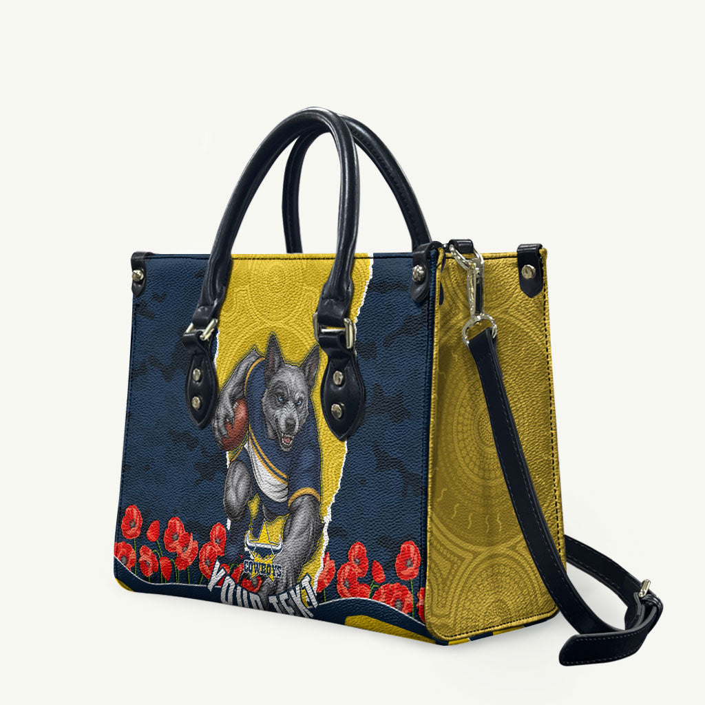Personalized Cowboys ANZAC Tribute Leather Bag Poppy Field Soldier Silhouette Aboriginal Rugby Mascot
