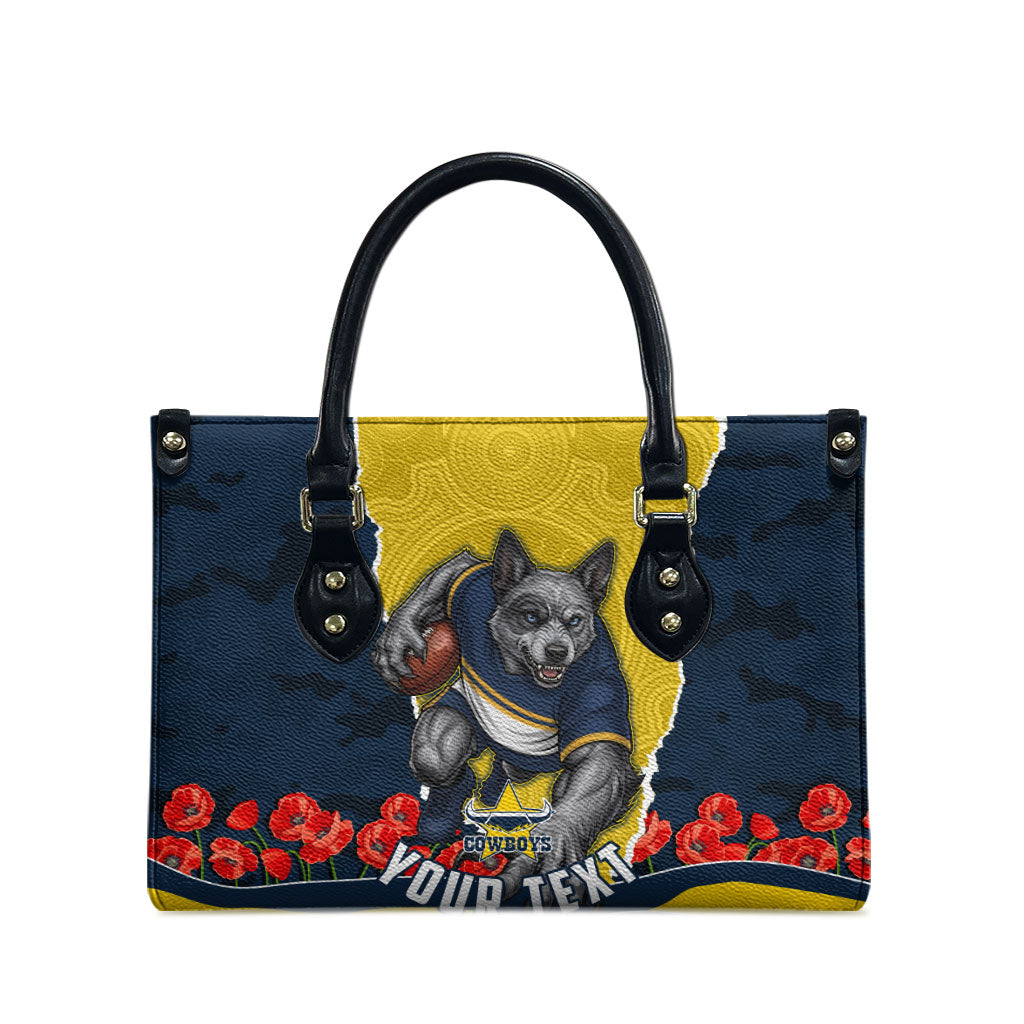 Personalized Cowboys ANZAC Tribute Leather Bag Poppy Field Soldier Silhouette Aboriginal Rugby Mascot