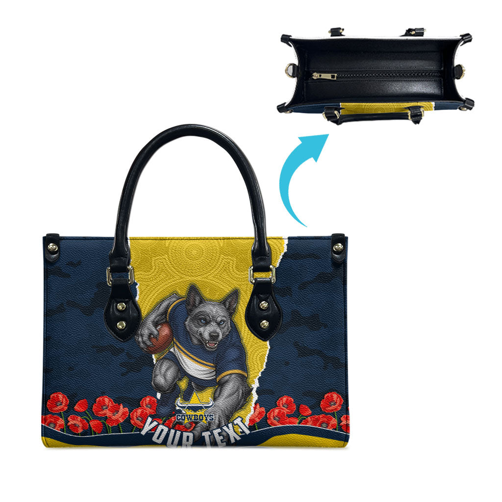 Personalized Cowboys ANZAC Tribute Leather Bag Poppy Field Soldier Silhouette Aboriginal Rugby Mascot