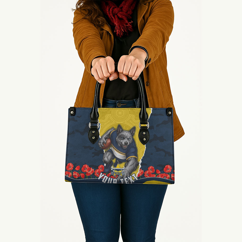 Personalized Cowboys ANZAC Tribute Leather Bag Poppy Field Soldier Silhouette Aboriginal Rugby Mascot