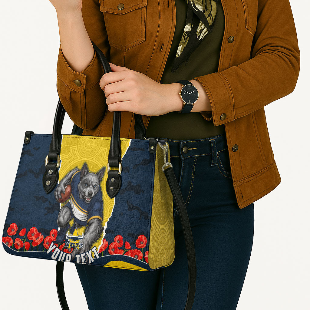 Personalized Cowboys ANZAC Tribute Leather Bag Poppy Field Soldier Silhouette Aboriginal Rugby Mascot
