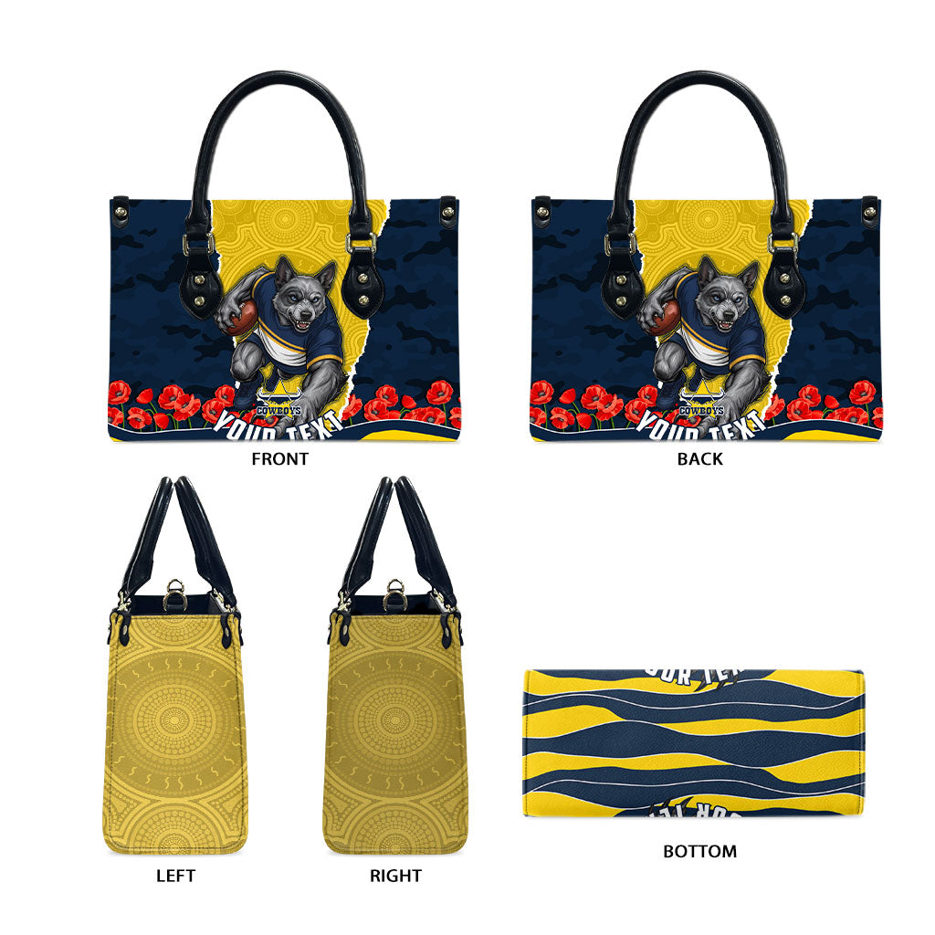 Personalized Cowboys ANZAC Tribute Leather Bag Poppy Field Soldier Silhouette Aboriginal Rugby Mascot