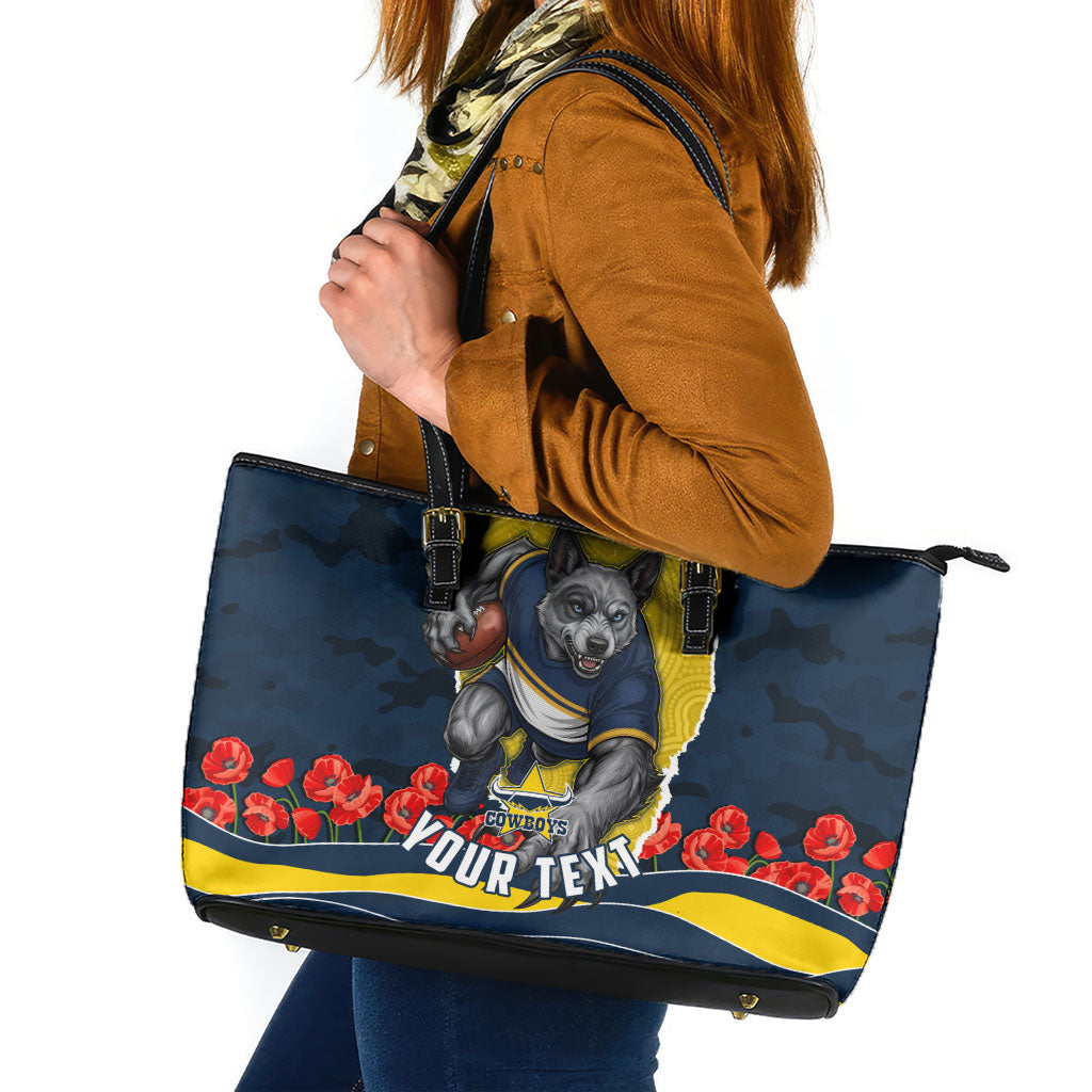 Personalized Cowboys ANZAC Tribute Leather Tote Bag Poppy Field Soldier Silhouette Aboriginal Rugby Mascot